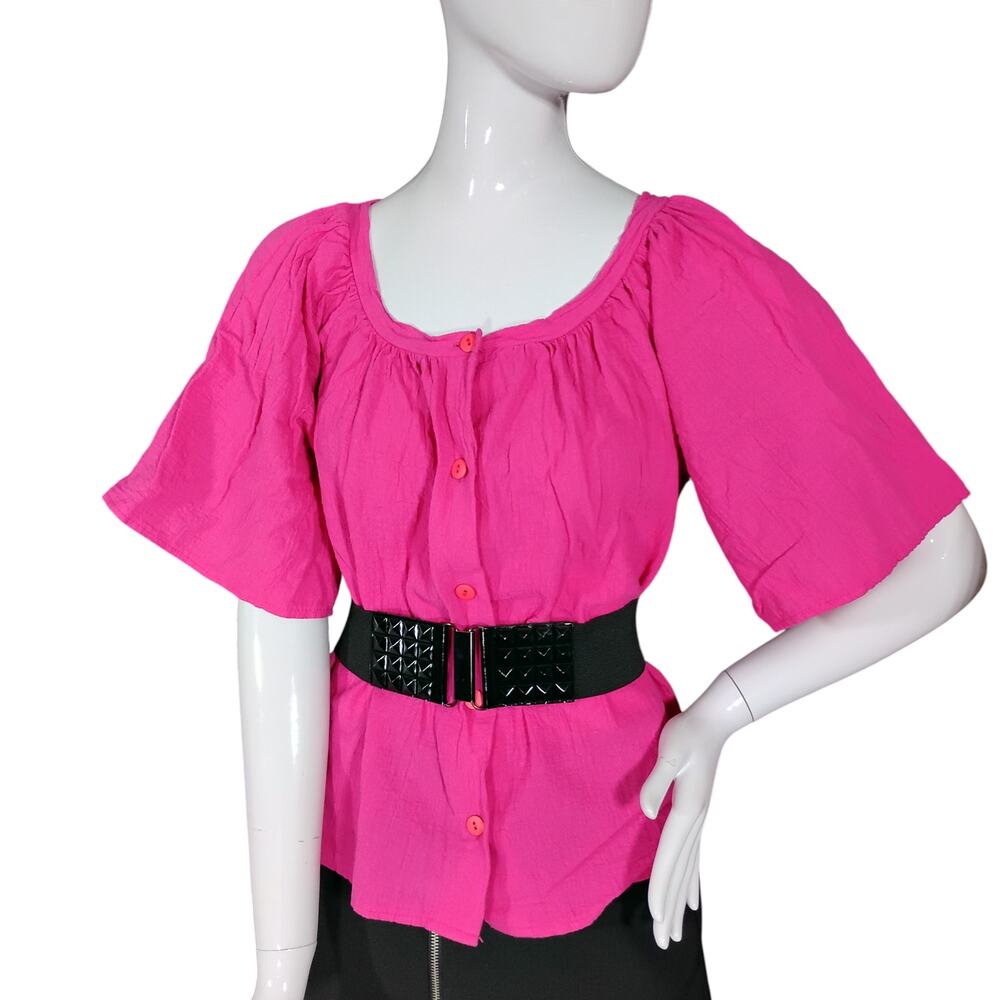Vintage De Bodie Blouse Size Medium Hot Pink Button Up Short Wide Sleeves